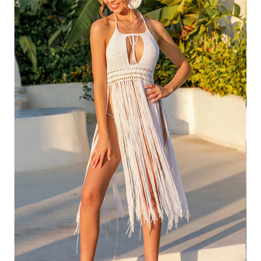 Boho-Chic Fringe Tassel Halter Cut Out Crochet-Knitted Tunic in White, Lightweight Beach Cover-Up with Free-Spirited Charm, Made from Nylon, Polyester, and Cotton, Fits True to Size, Ideal for Females, One Size Fits All