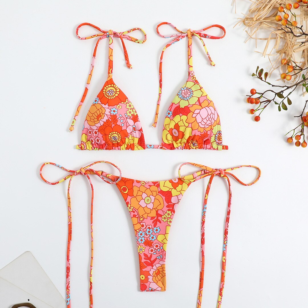 Orange New flower Sexy Bikini Women Swimwear Female Swimsuit Two-pieces Bikini set Padded Bather Bathing Suit Swim Brazilian Thong Cheeky Mini