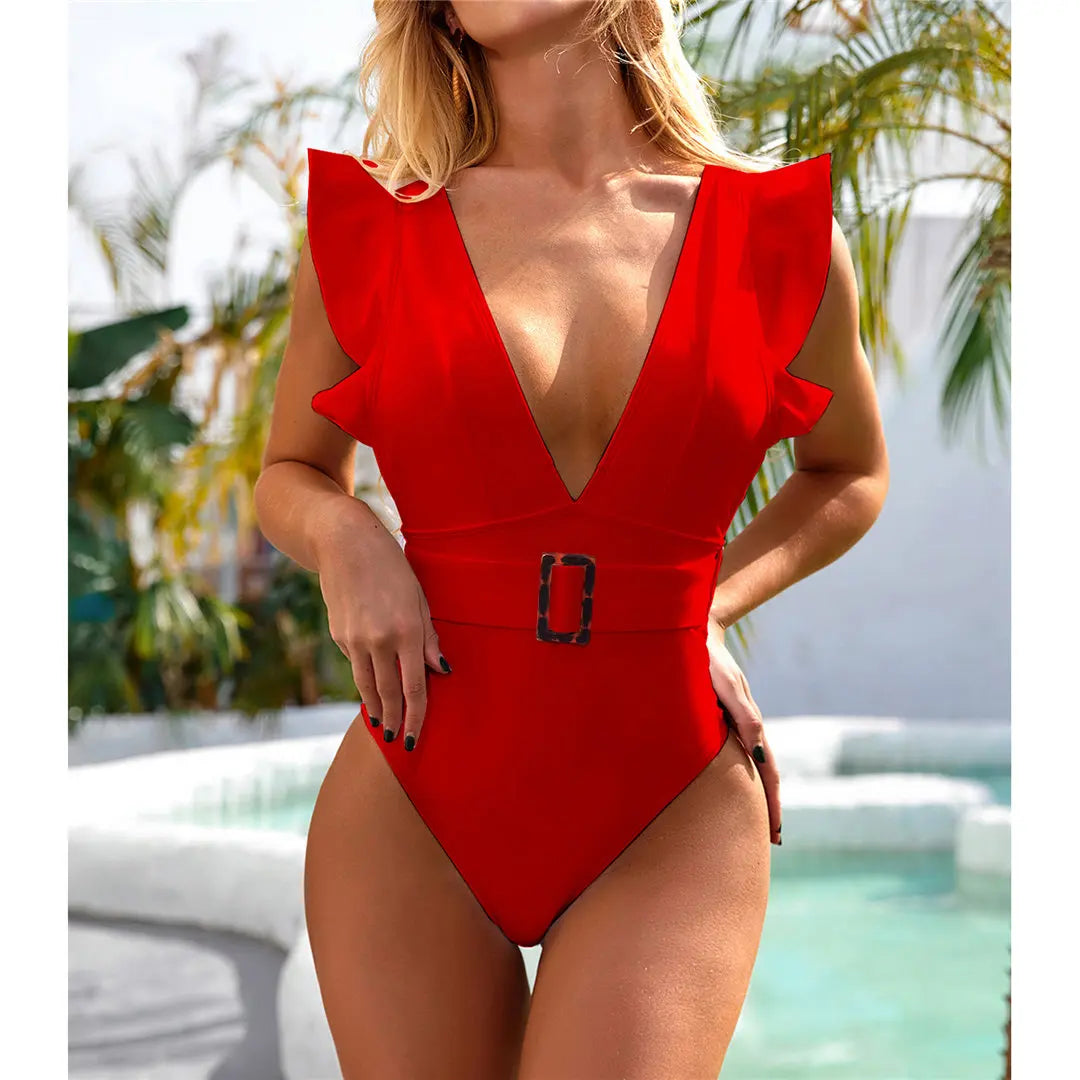 Geraffter weißer tiefer V-Badeanzug mit Gürtel, eleganter Monokini aus Nylon und Elasthan, festes Muster, drahtlose Unterstützung, größengetreu, Damen-Badebekleidung, mit Polsterung, erhältlich in den Größen klein, mittel, groß, verfügbare Farben: Blau, Rot, Schwarz, Hot Pink, Weiß, Multicolor, Kostenloser Versand.