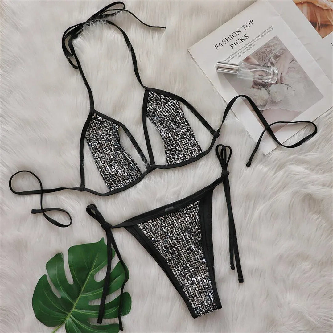Glänzende Pailletten Halter Cut Out Bikini Set für Frauen, Solid Schwarz und Camel Zweiteilige Badeanzug, Wire Free mit niedriger Taille, Passt genau auf Größe, Erhältlich in Größe S bis L, Perfekt für glitzernde Strand Mode