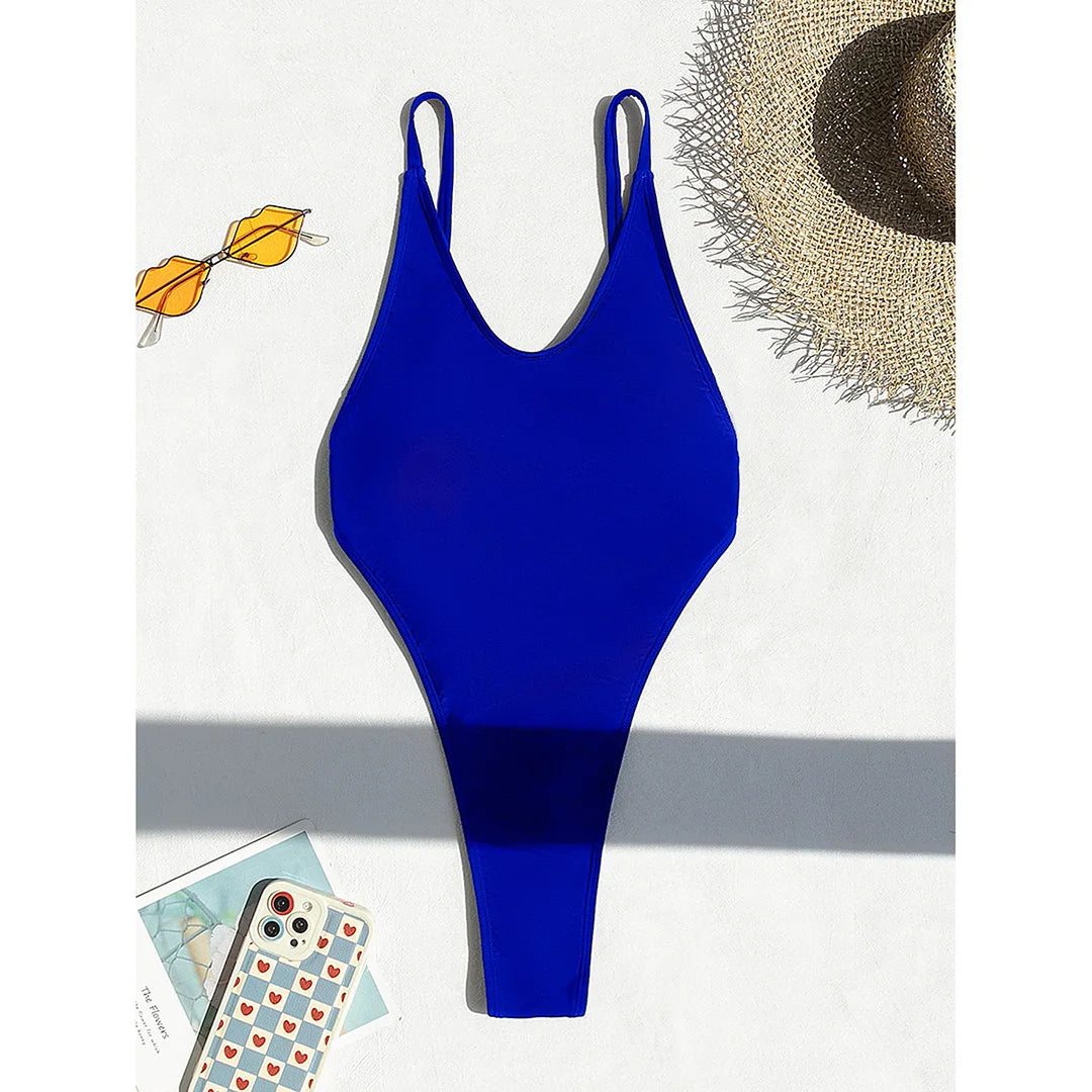 Backless extreme string monokini in monochrome solid colors: blue, black, white, coffee, and hot pink.