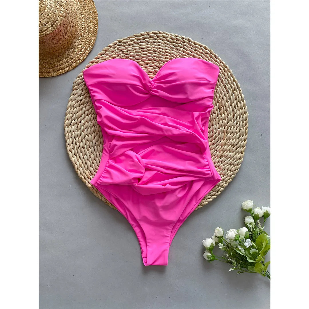 Allure and Contemporary Style Bandeau Cut-Out Wrinkled One-Piece Swimsuit in Hot Pink, Chic Monokini with High Leg Cut, Made from Nylon and Spandex, Features Pad for Additional Support, Ideal for Women, Available in Sizes S to L