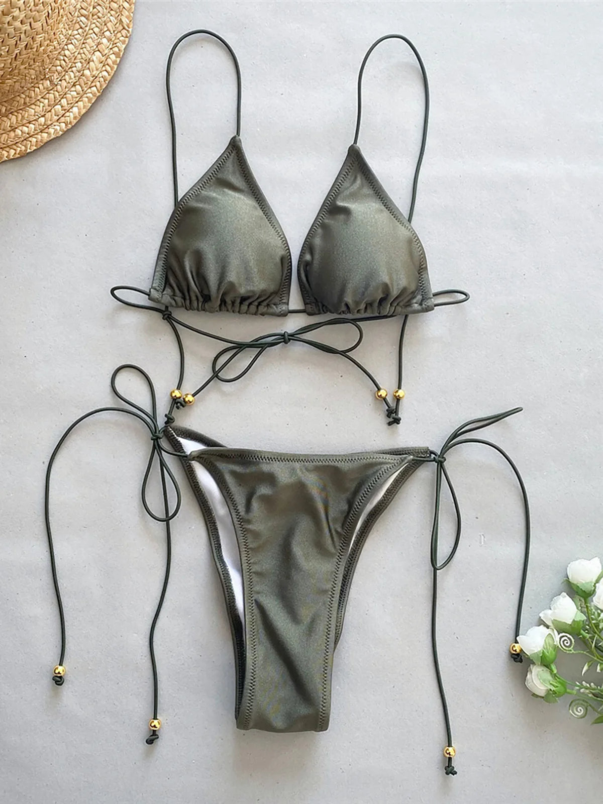 Strappy High Leg Cut Bikini in Army Green with Scrunch Butt Detail, Two Piece Swimwear Set, Made from Nylon and Spandex. Solid Pattern and True to Size. Sizes Available: S, M, L. Suited for Women aged 18-35 and Adults in general. Features Wire Free Support and Padding