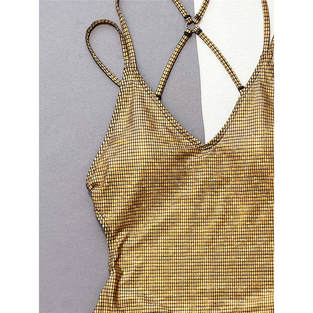 Women's Plaid V-Neck Cross Back One Piece Swimsuit in Gold. Made from Nylon and Spandex, Features a High Leg Cut, Scrunch Butt Detailing, and Wire Free Support. This Swimwear Fits True to Size, Perfect for Beach or Pool Day. Available in Sizes S, M, L.