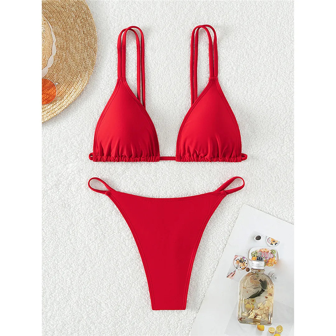 Sizzling red micro thong high cut bikini set for women, featuring a sexy two-piece design with wire-free support, low waist style, and padded top, made from nylon and spandex, perfect for summer beach outings