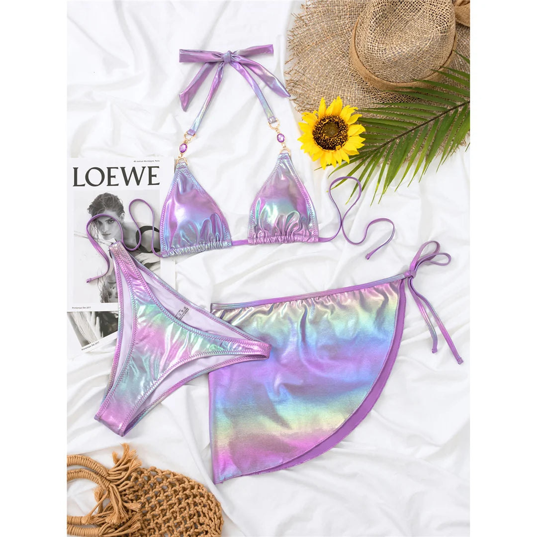 Glamorous Three-Piece Bikini Set for Women, Diamond-Studded Halter Bikini, PU Material, Comes with Matching Sarong, Shine and Sophistication, Nylon and Spandex Material, Solid Pattern, Available Sizes: S to XL, Color: Purple