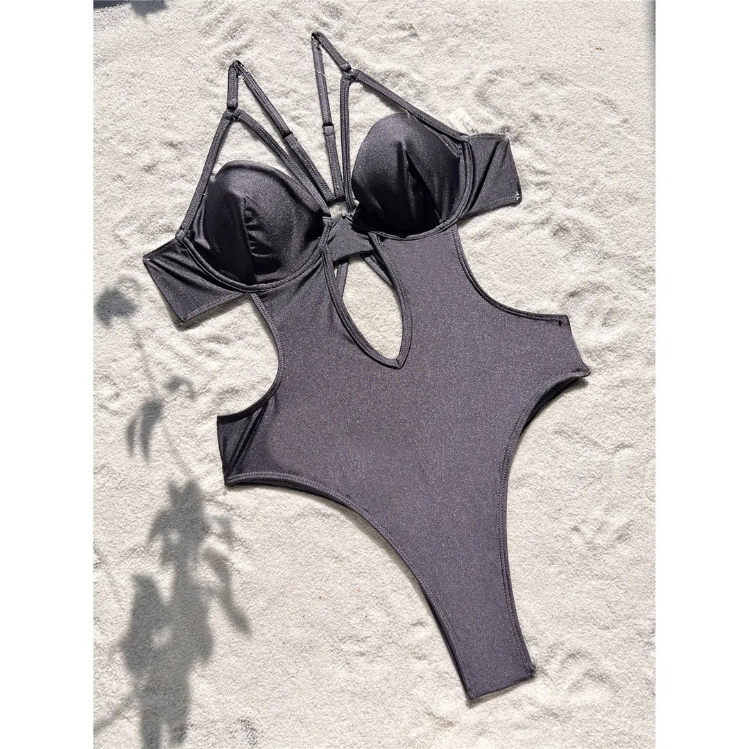 Elegant Monokini, One Piece Swimsuit for Women, Nylon and Spandex, with Supportive Underwire, and High-Cut Design, Fits True to Size, Available in Sizes S to XL, Ideal for Poolside Glamour or Beachside Frolics, Comes with a Padding, Solid Pattern Type, Grey Color