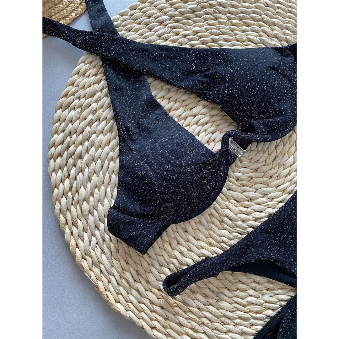 Three Piece Halter Bikini Set with Chic Skirt and Supportive Underwired V-Bar Top, Versatile Beach Fashion in Shiny Black, Solid Pattern, Nylon and Spandex, Swimwear that Fits True to Size, Available Sizes: S to XL