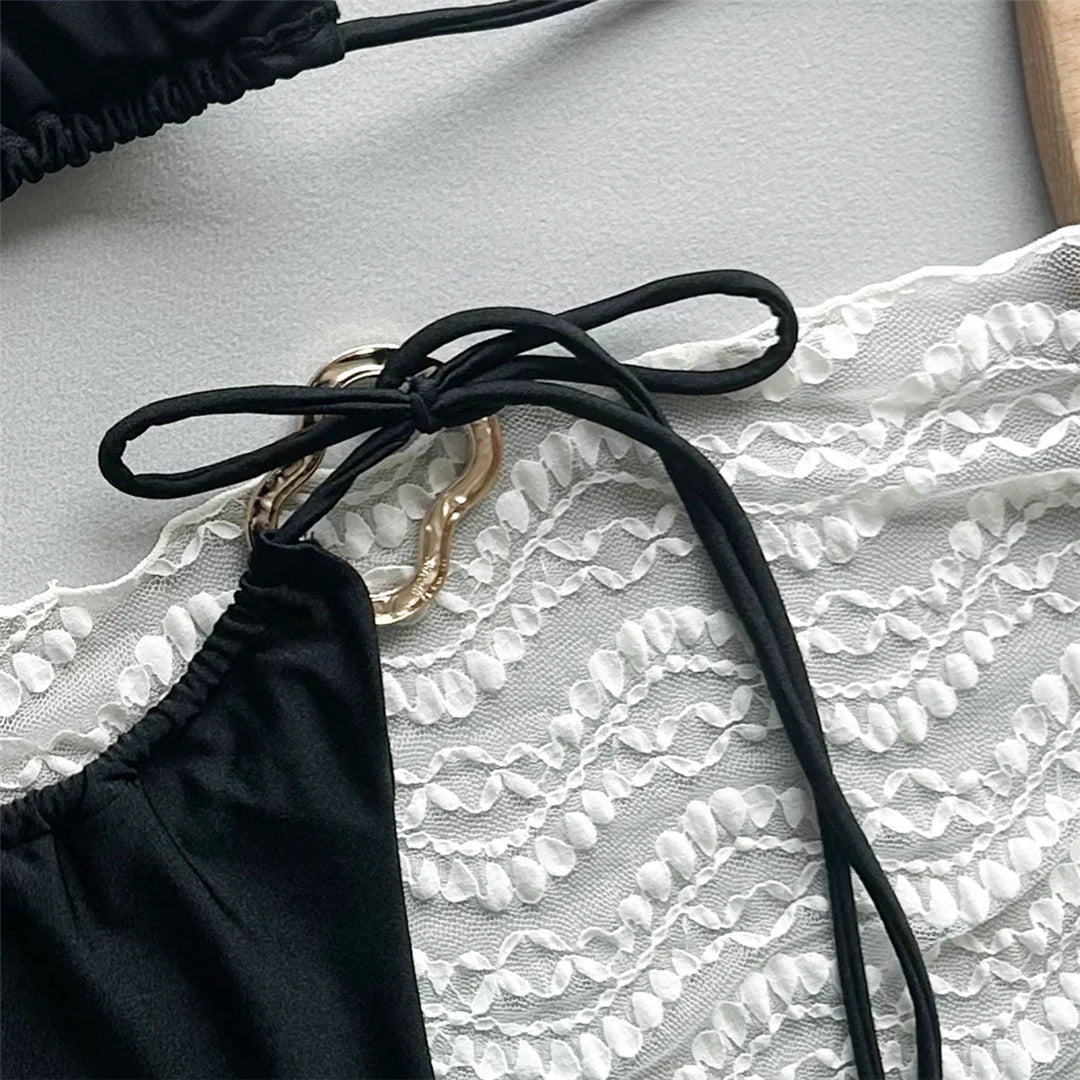 Metal Rings Halter Strappy High Cut Bikini set with chic metal ring accents, Polyester Spandex material, solid pattern, wire-free, low waist design, enhances silhouette for elegance and fashion.