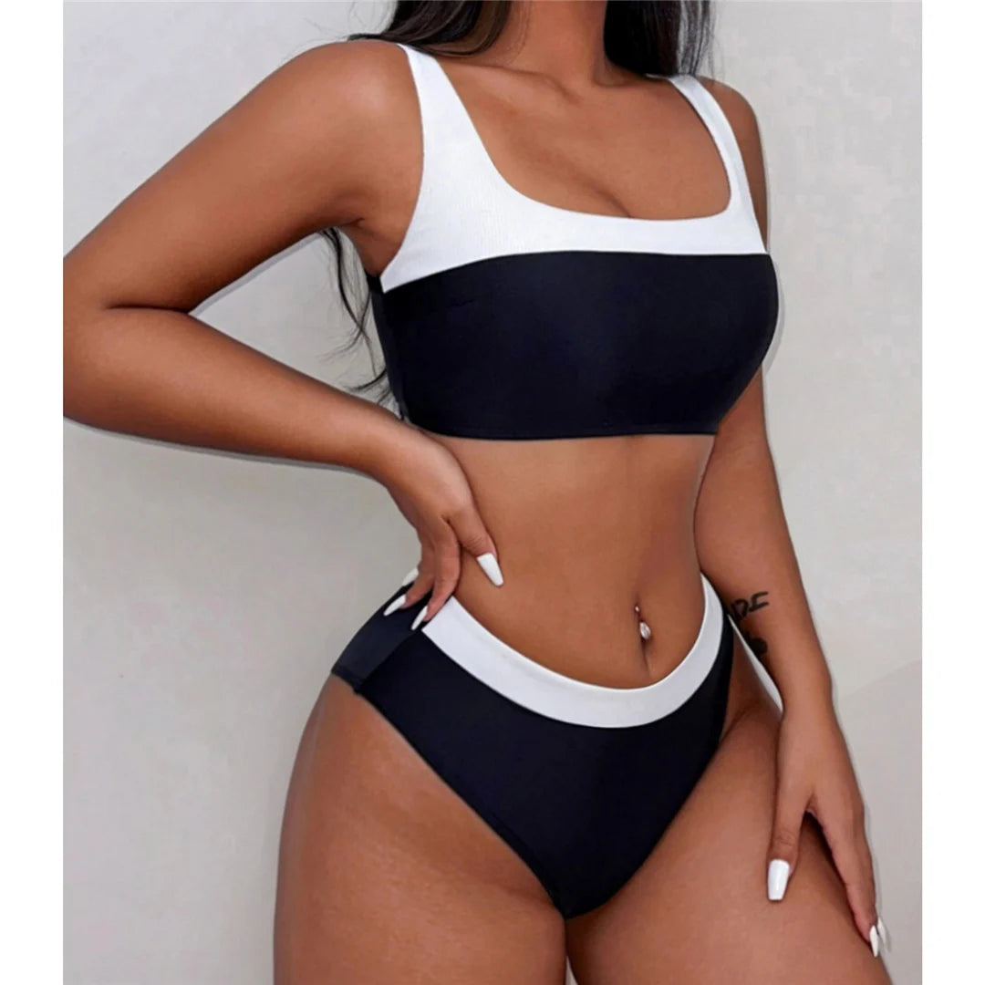 Splicing mid-waist bikini set, high-leg design, patchwork pattern, polyester spandex blend, wire-free support, women's two-piece swimwear, trendy and fashionable look.