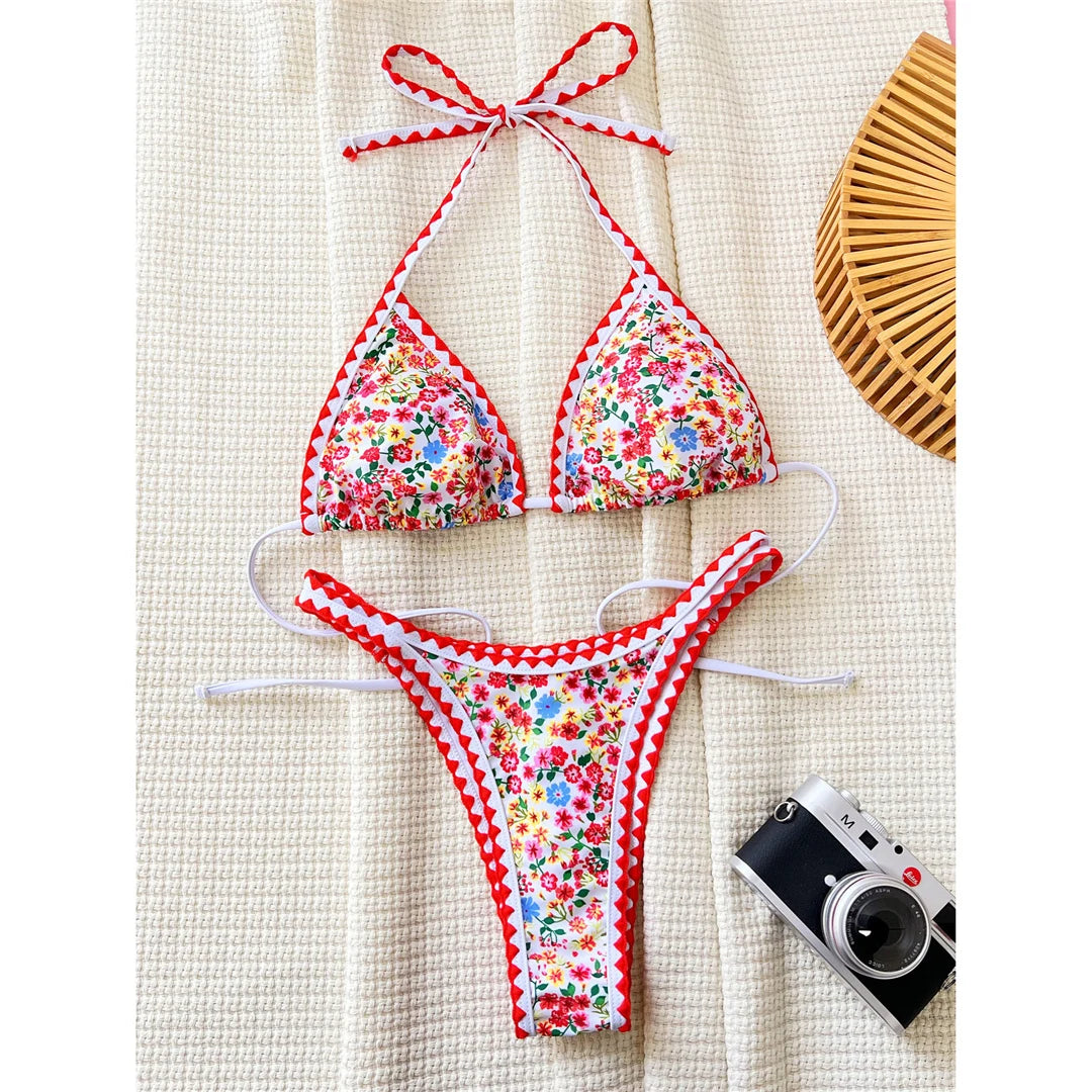 Feminine Floral Printed Halter Bikini Set for Women, Features a Brazilian Cut and Vibrant Patterns, Two-Piece Swimsuit, Fits True to Size, Available in Sizes S to XL, Material: Nylon and Spandex, Low Waist, Wire Free, Ideal for Soaking Up the Sun, Red Color, Includes Padding