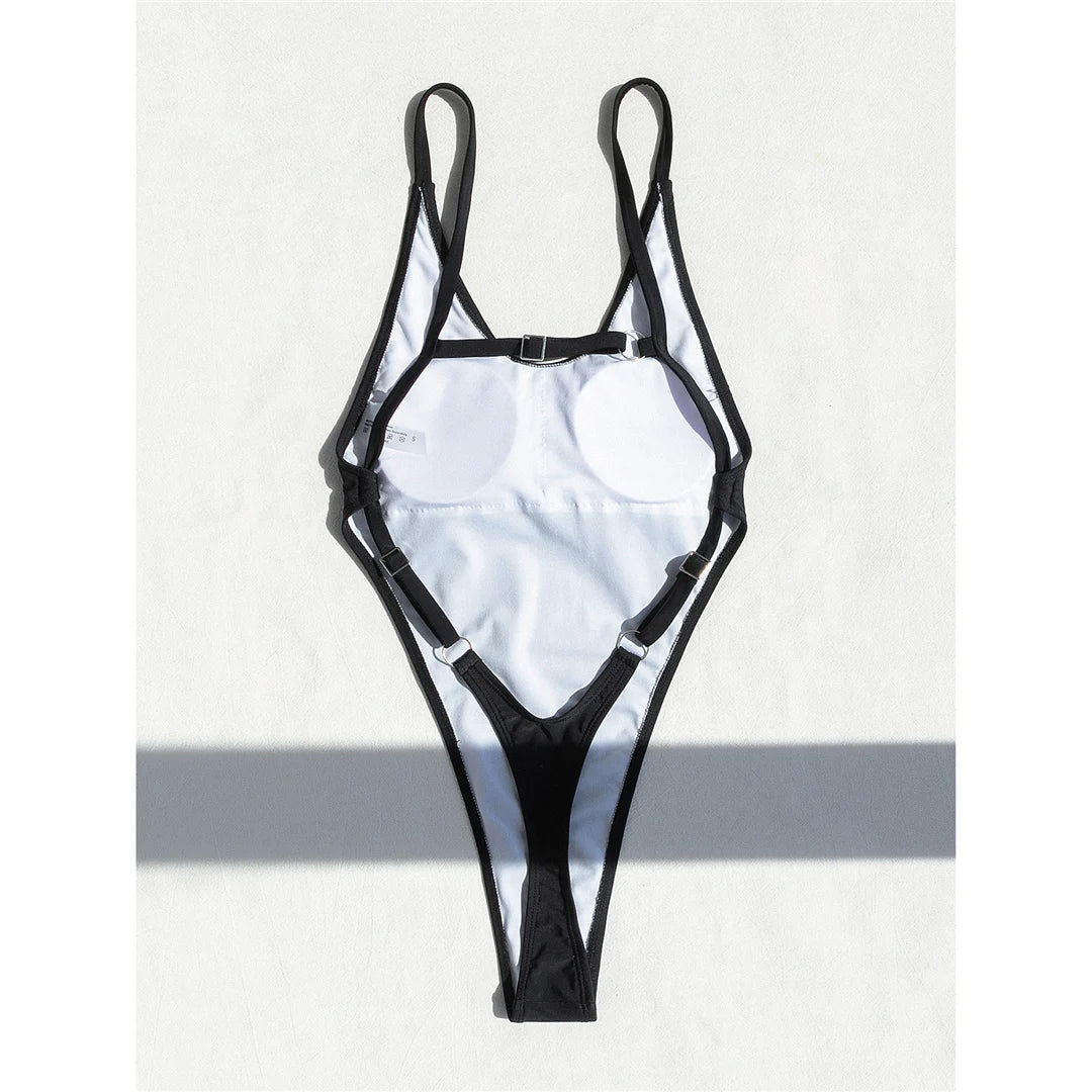 Backless extreme string monokini in monochrome solid colors: blue, black, white, coffee, and hot pink.