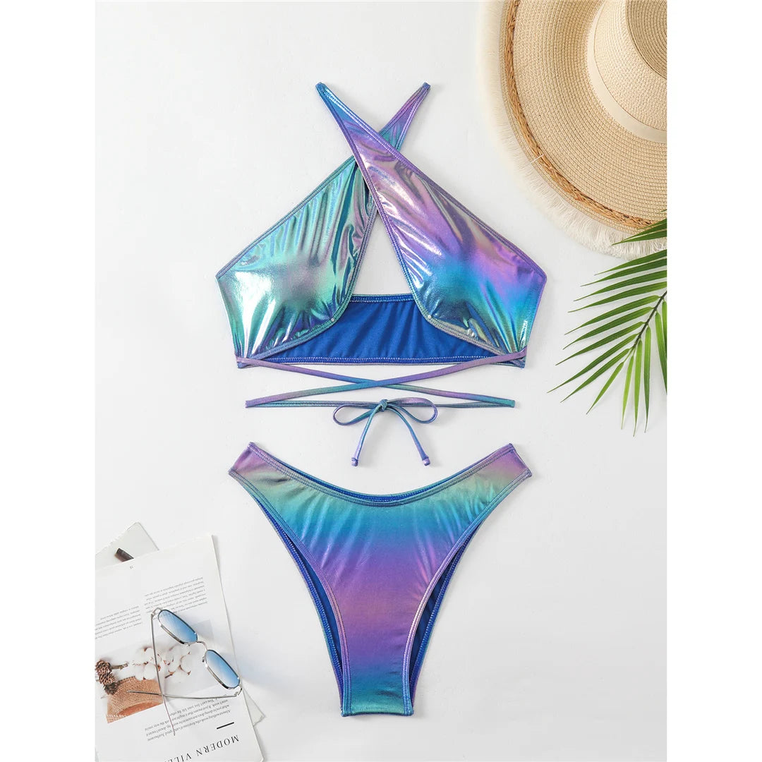 PU Faux Leather Gradient Brazilian Bikini in Dark Blue. Striking Two-Piece Swimwear for Women with Low Waist, Wire Free Support, and True to Size. Crafted from Nylon and Spandex. Features Padding for Extra Comfort. Sizes Available: S, M, L.