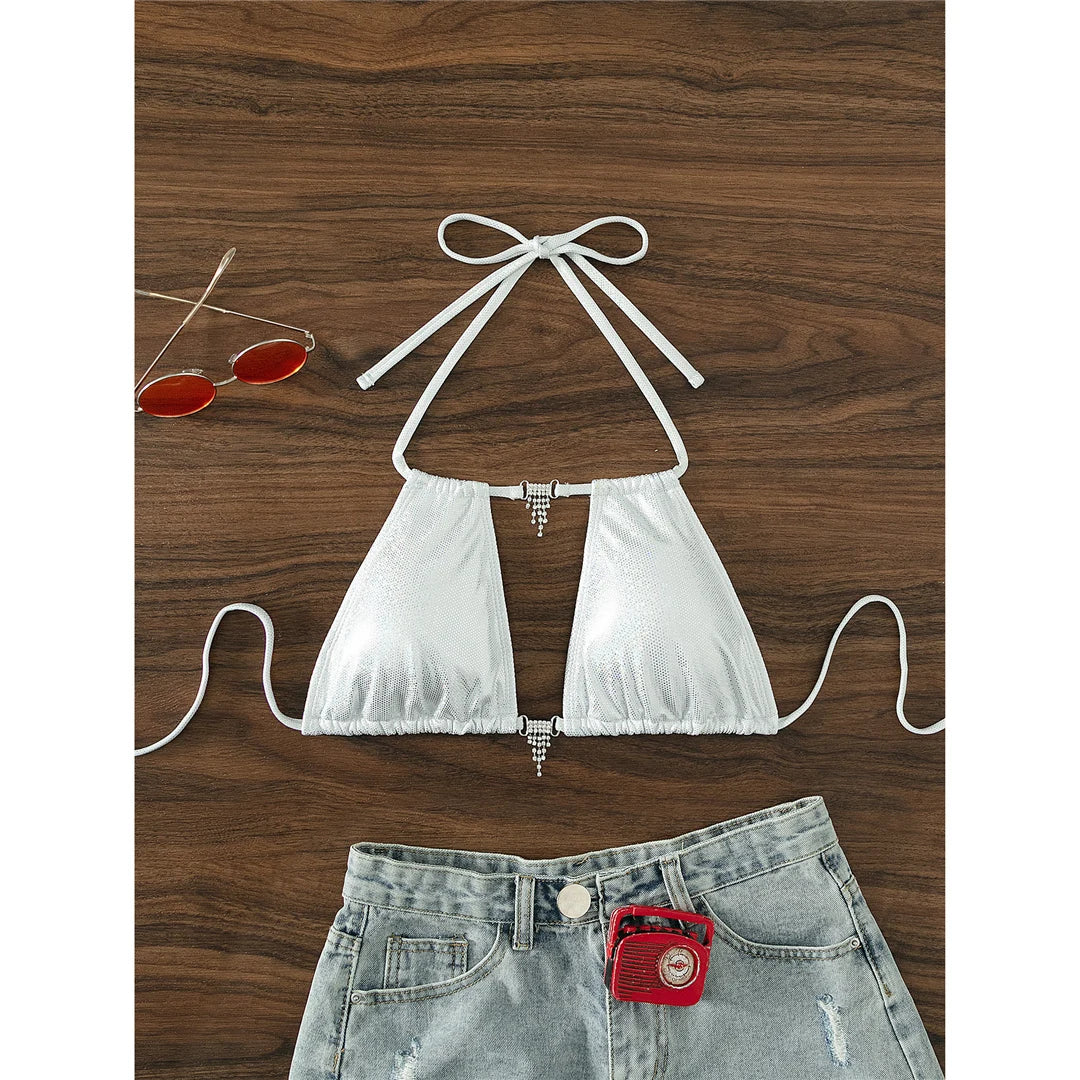 Dazzling Halter Cut Out Bikini Top with Rhinestone Embellishments in White, Made of Nylon and Spandex, Wire Free with Low Waist and Pad, Ideal for Fashion-Forward Women, Available in Sizes S to L