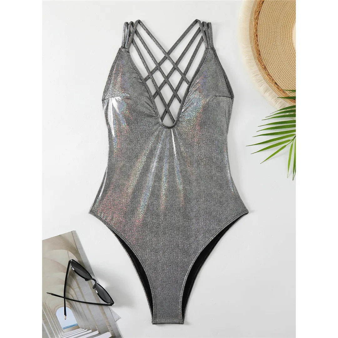 Glitzernder einteiliger Badeanzug mit V-Ausschnitt und Kreuzrücken, hochgeschnittener Monokini, verstellbares Triangel-Top, schimmerndes Polyester-Elasthan-Gemisch, einfarbiges Muster, elegante Damen-Badebekleidung.
