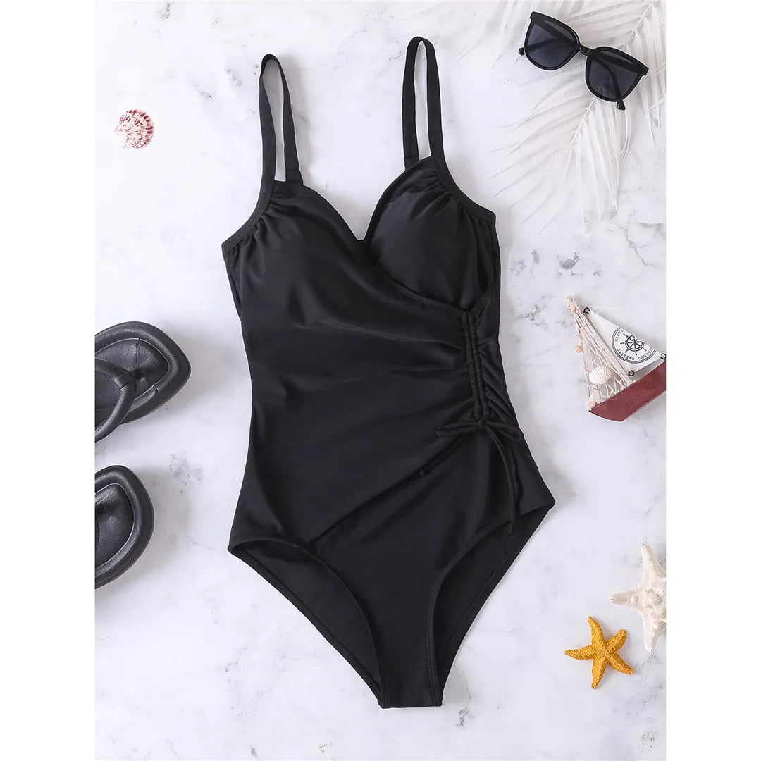 V-neck knotted high-cut leg one-piece swimsuit with padded support and elegant black design for women.