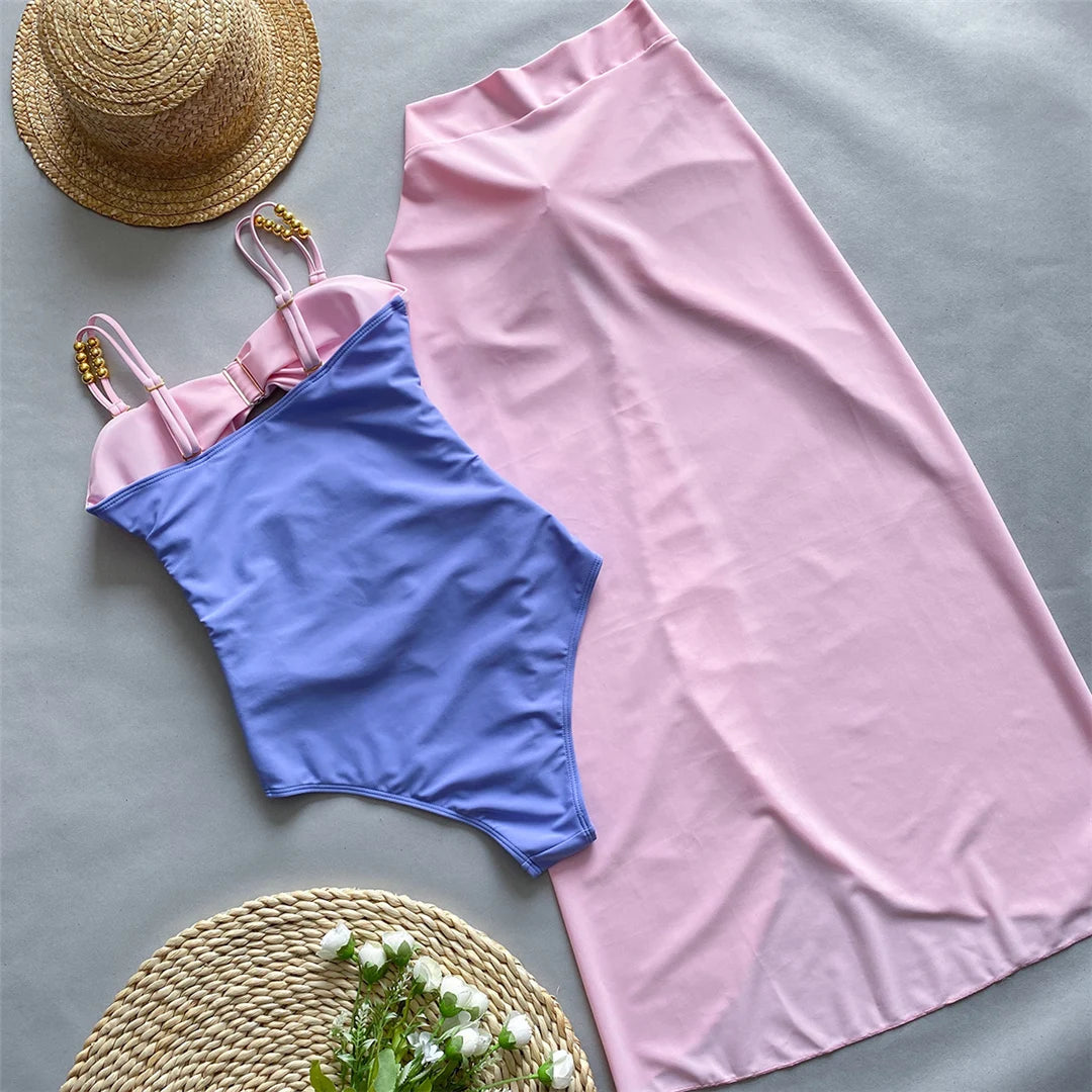 Splicing Cut Out One Piece Swimsuit mit geknotetem Rock, Falten Textur Monokini, aus Nylon und Elasthan, Patchwork-Muster, Wire-Free Unterstützung, True to Size, Damen-Badebekleidung, kommt mit Polsterung, Erhältlich in den Größen klein, mittel, groß und extra groß, Farben verfügbar: Grün, Schwarz, Rosa, Braun, Multicolor, Kostenloser Versand.