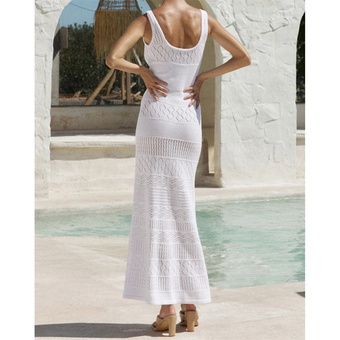 V-neck cut-out crochet knitted tunic, intricate hollow-out patterns, polyester solid design, women's stylish beach cover-up.