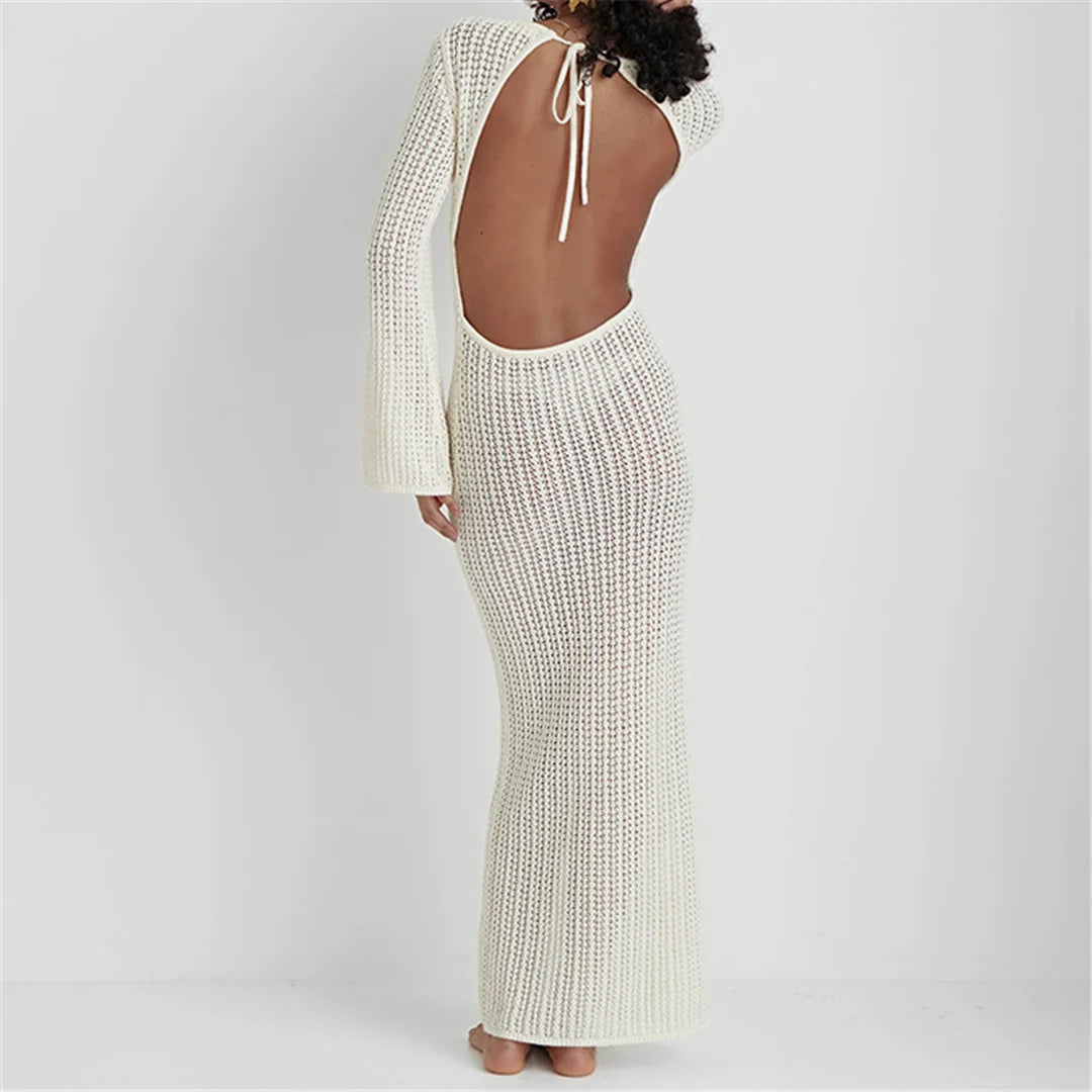 3D flower long sleeve crochet tunic, V-neck design, polyester solid pattern, women's beach cover-up, elegant and lightweight beachwear.