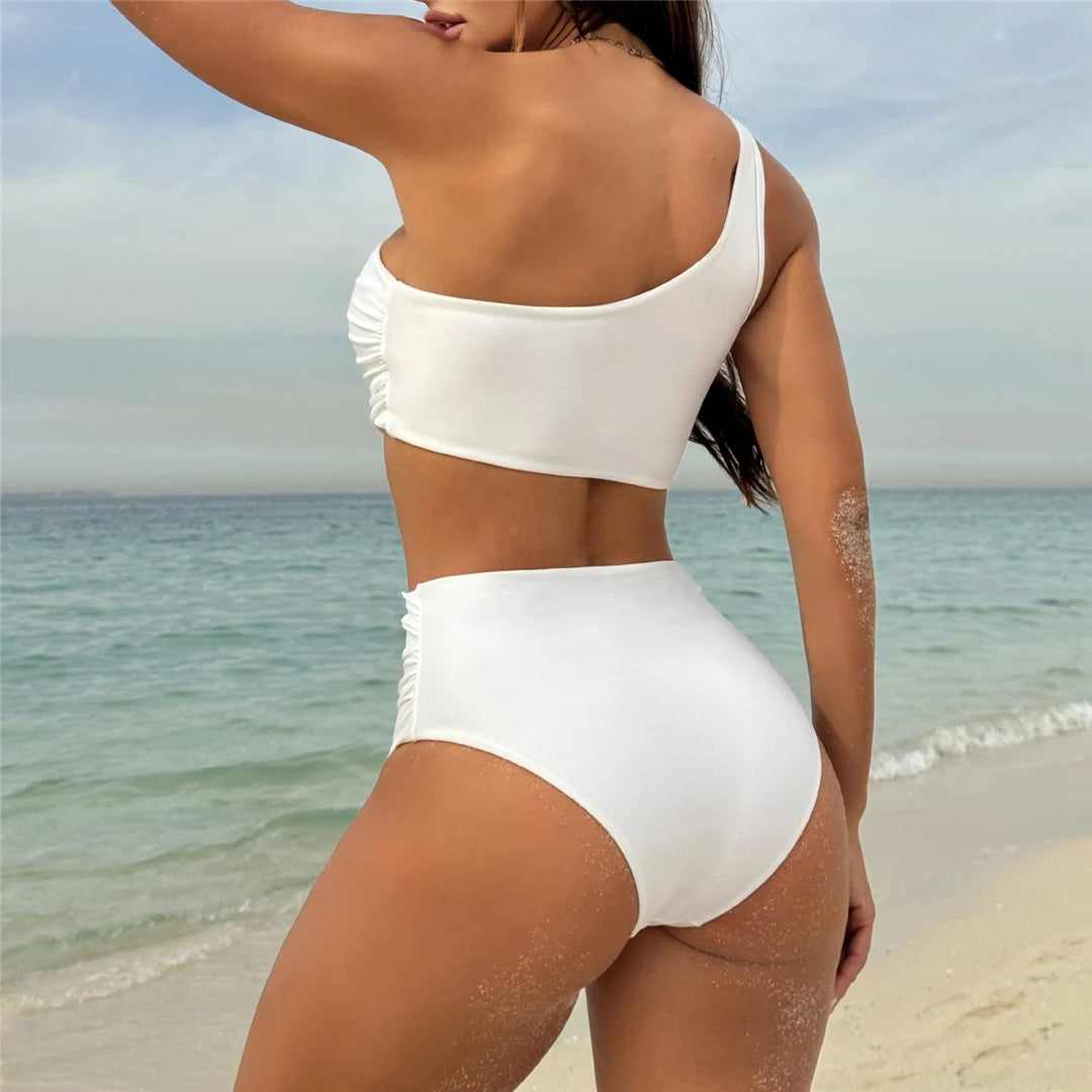 Wrinkled one-shoulder high waist bikini set, distinctive design, polyester spandex blend, wire-free support, women's solid two-piece swimwear, modern elegance and comfort.