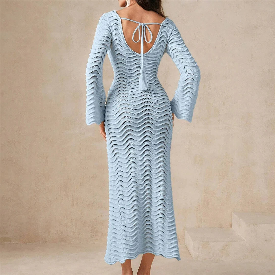 Long sleeve backless crochet knitted tunic with wrinkled pattern in solid colors for a chic beach cover-up.