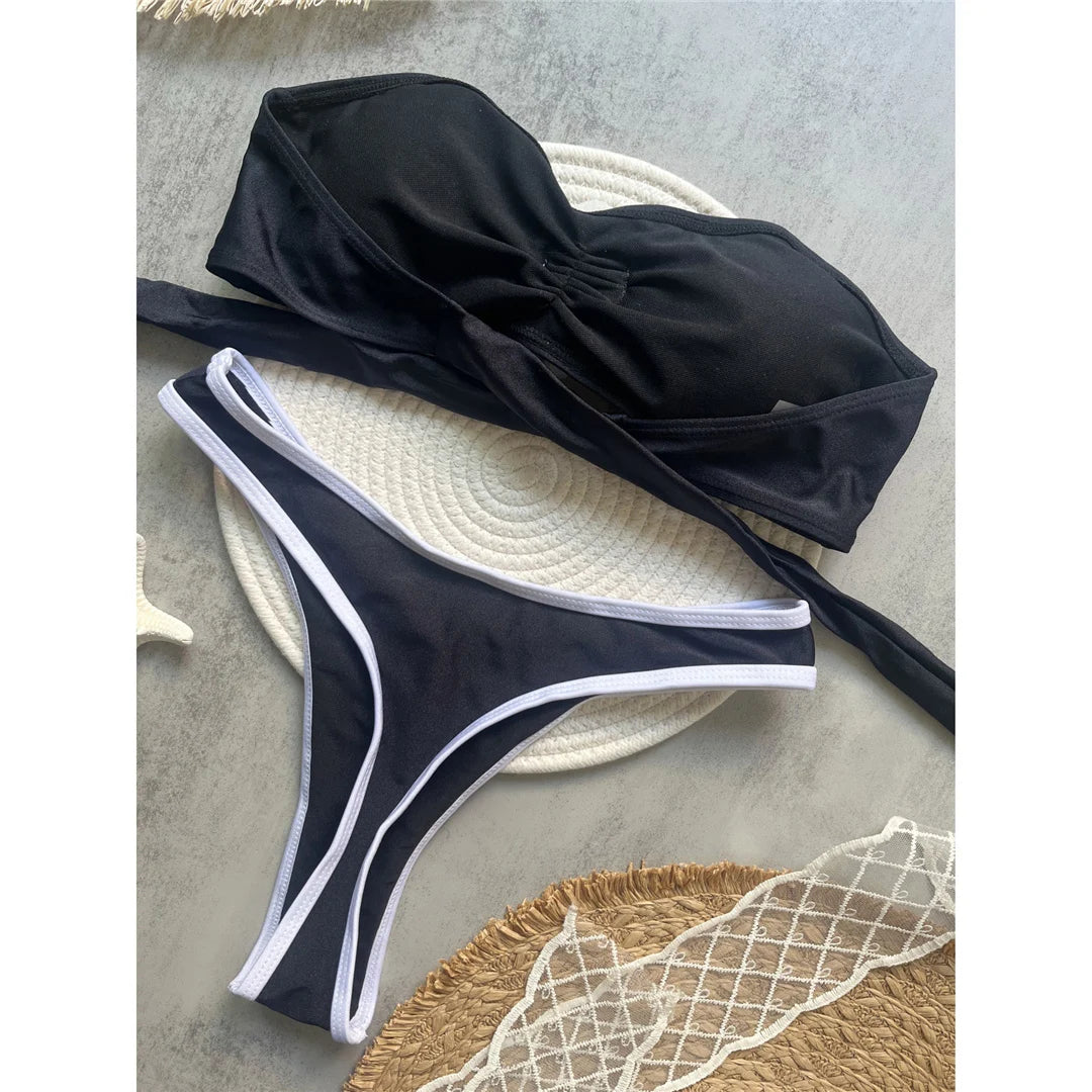 3D flowers bandeau bikini set with mini thong design and floral embellishments for a bold and stylish look.