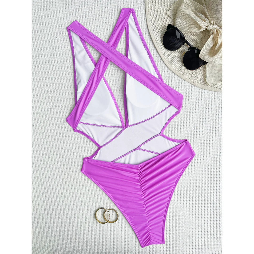 Einteiliger Badeanzug mit tiefem V-Ausschnitt und kreuzförmigem Rücken, mit hohem Bein und knackigem Po, verstellbares Triangel-Oberteil, einfarbiges Muster, Polyester-Elasthan-Gemisch, stilvolle und bequeme Damen-Badebekleidung.