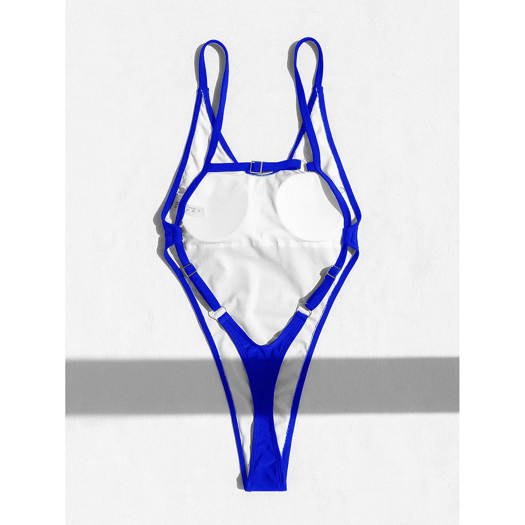 Backless extreme string monokini in monochrome solid colors: blue, black, white, coffee, and hot pink.