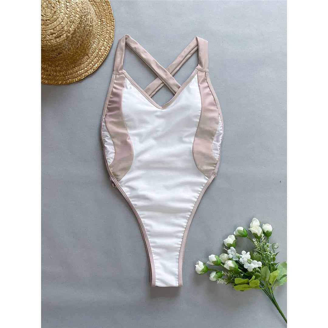 Spleißen V-Ausschnitt Kreuz zurück hohen Beinausschnitt ein Stück Badeanzug, Monokini, Patchwork-Design, aus Nylon und Elasthan, Wire Free, True to Size, Erhältlich in Frauen Größen klein, mittel, groß, rot und weiß Farben, CUVATI Marke, kostenloser Versand.