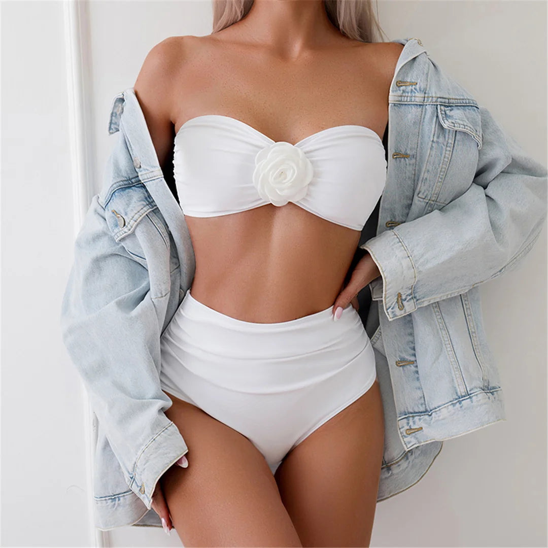 Bandeau 3D Flower High Waist Bikini Set for Women, Solid Pattern in White, Wire Free Swimwear, Fits True To Size, Available in Sizes XS to L, Unique Feminine Design with Whimsical 3D Flower Detail