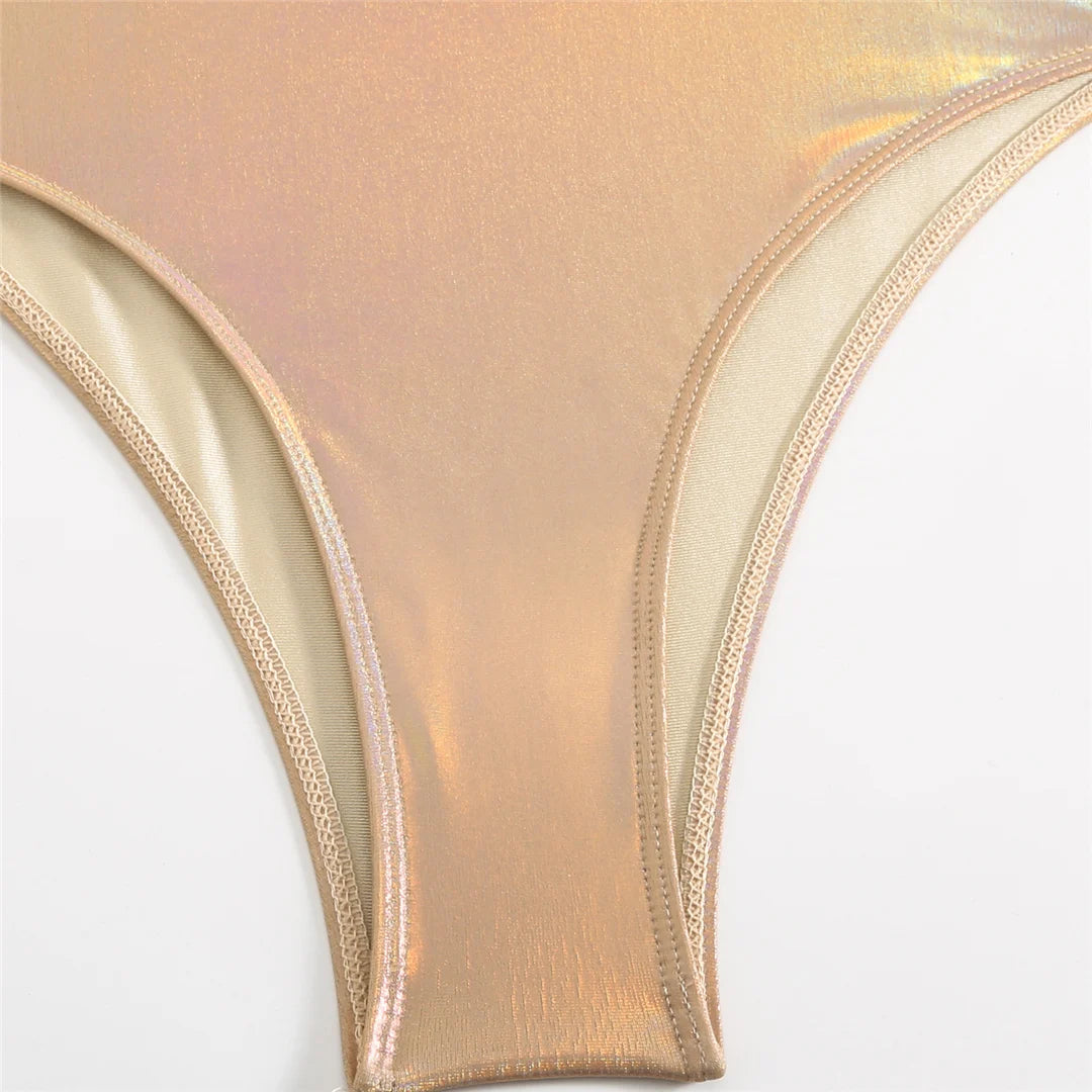 Glänzender PU-Kunstleder-Bauchausschnitt, einteiliger Badeanzug, Neckholder-Monokini, verstellbares Triangel-Oberteil, einfarbiges Muster, Polyester-Elasthan-Gemisch, kühne und raffinierte Bademode für Damen.