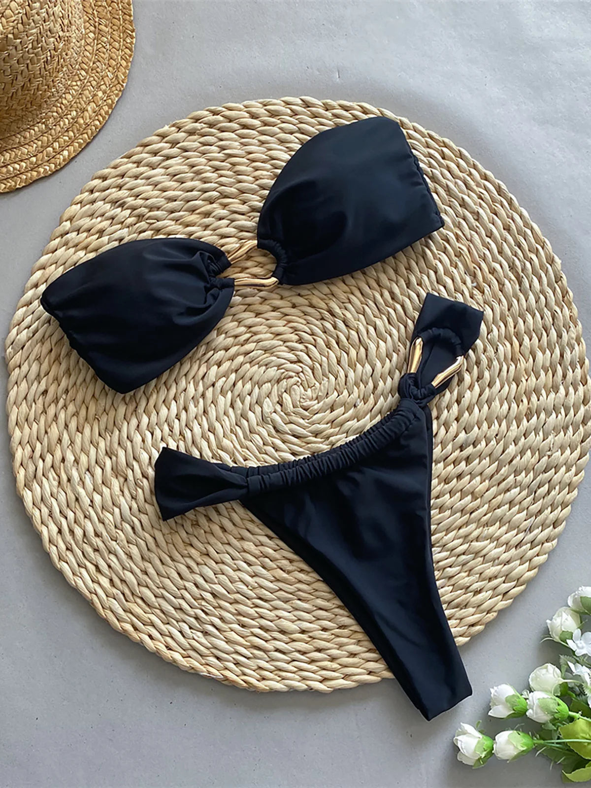 Captivating Bandeau Bikini Set for Women, Features High-Leg Cut and Chic Metal Rings, Two-Piece Swimsuit, Fits True to Size, Available in Sizes S to XL, Material: Nylon and Spandex, Solid Pattern, Low Waist, Wire Free, Modern and Sleek Black Design, Perfect for a Bold Statement Look, Includes Padding