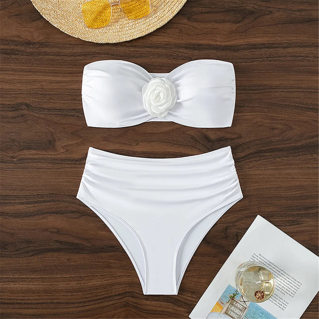 Bandeau 3D Flower High Waist Bikini Set for Women, Solid Pattern in White, Wire Free Swimwear, Fits True To Size, Available in Sizes XS to L, Unique Feminine Design with Whimsical 3D Flower Detail