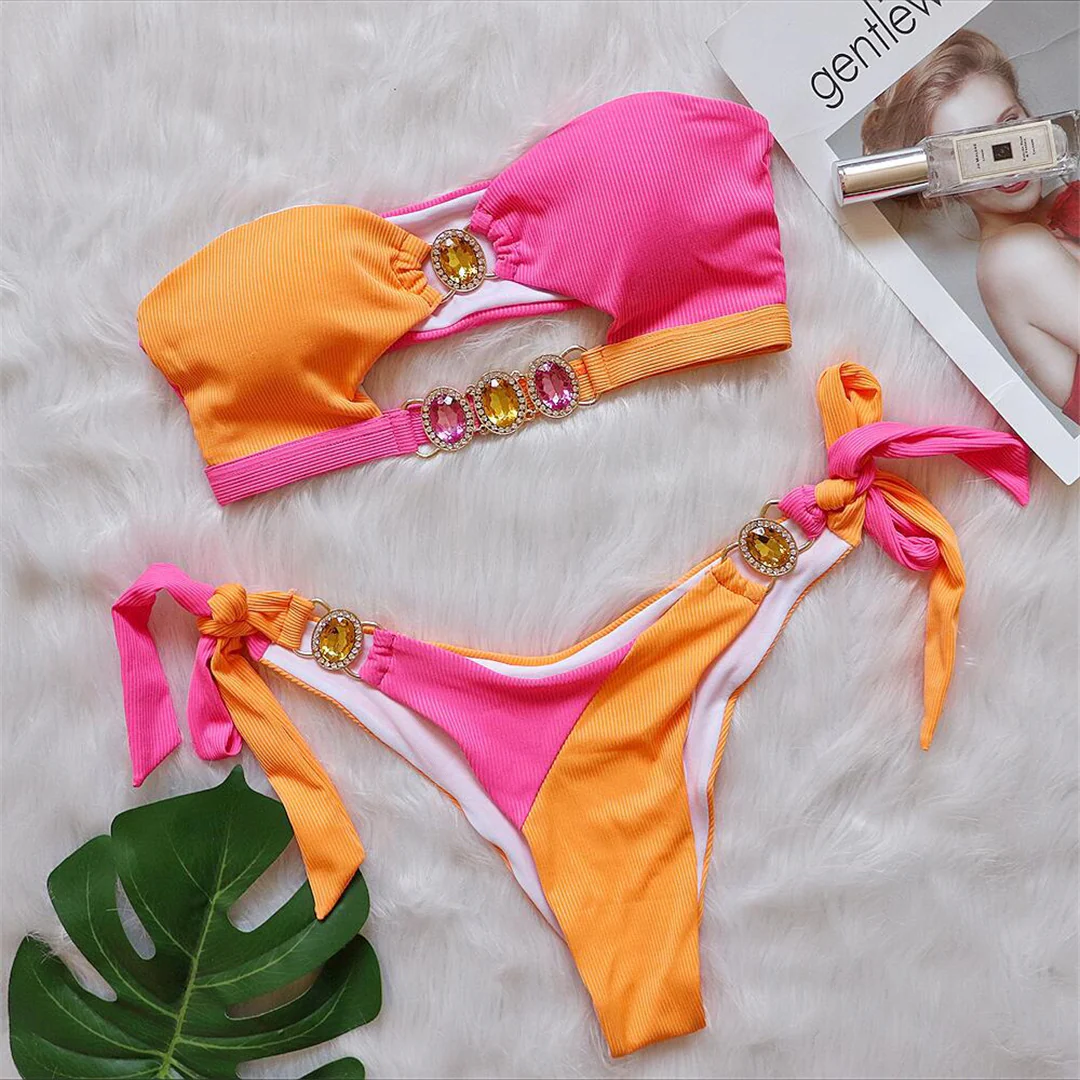 Orange Pink Diamond Rhinestone Splicing Bandeau Bikini Female Swimsuit Women Swimwear Two-pieces Bikini set Bather Bathing Suit Swim