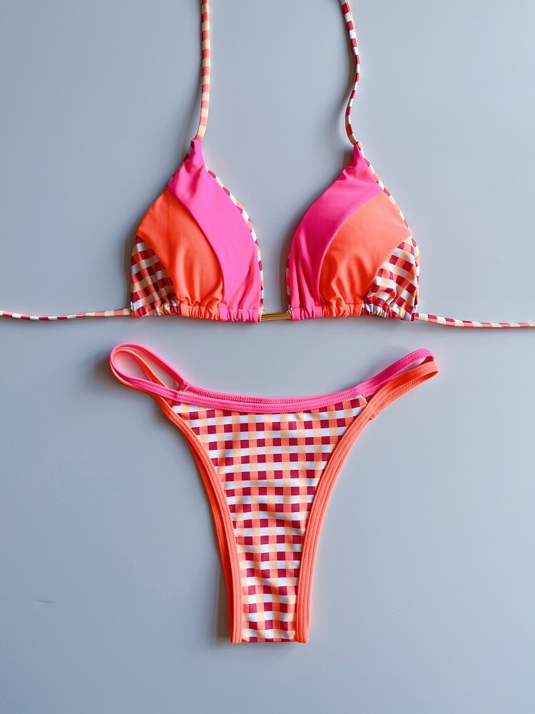 Plaid Neon Halter Leopard Printed Splicing Bikini Weibliche Badeanzug Frauen Bademode Zweiteilige Bikini-Set Badeanzug Schwimmen Lady brasilianischen Tanga Cheeky Mini Micro Swimsuit Cheetah Leopard