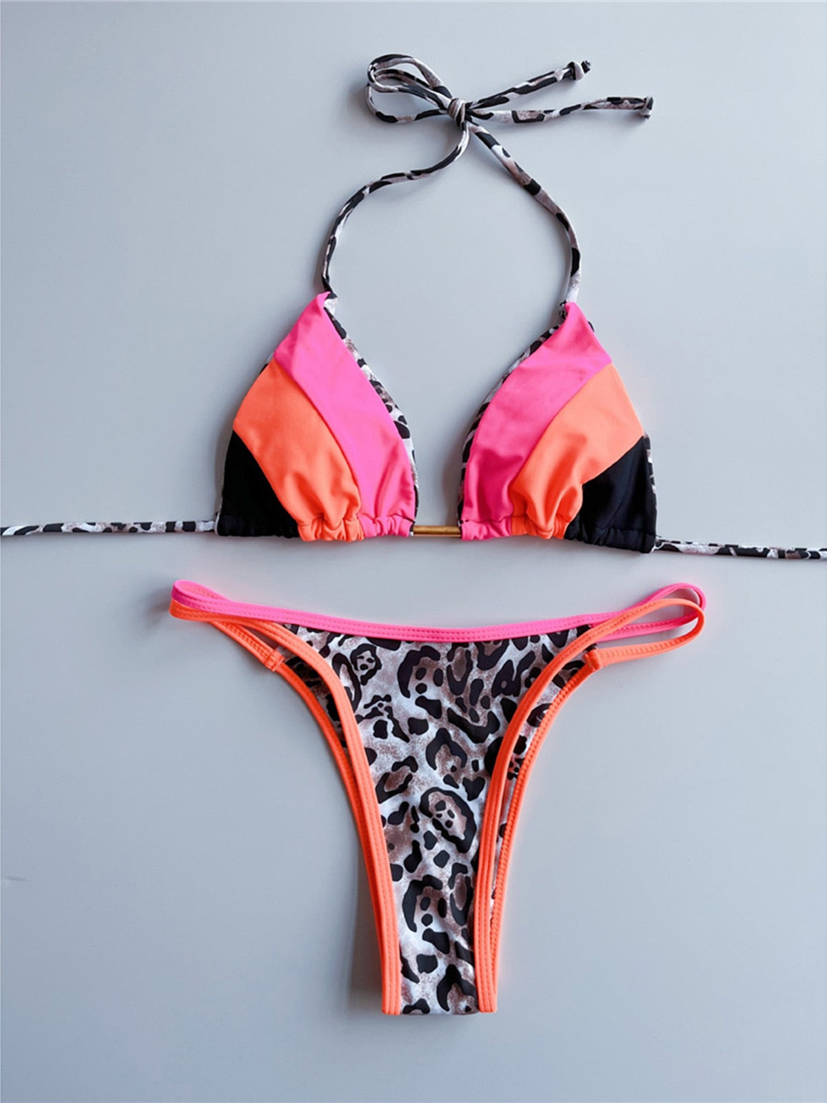 Neon Halter Leopard Printed Splicing Bikini Female Swimsuit Women Swimwear Zweiteiliges Bikini-Set Badeanzug Swim Lady Brazilian Tanga Cheeky Mini Micro Swimsuit Cheetah Leopard Orange Pink