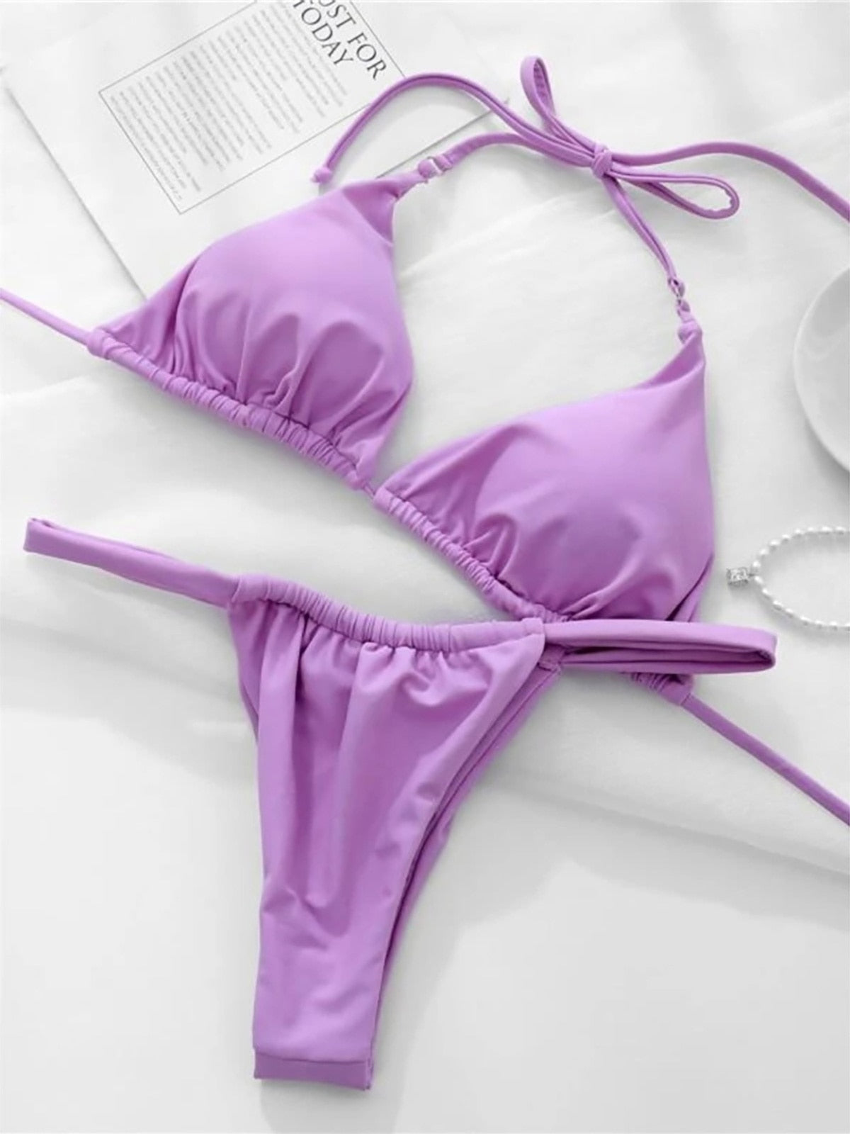 Hell lila Sexy faltig hoch geschnittener Tanga Bikini Damen Bademode Damen Badeanzug Zweiteiliger Bikini Set Badeanzug Festival Schwimmen Lady Brazilian Micro Cheeky