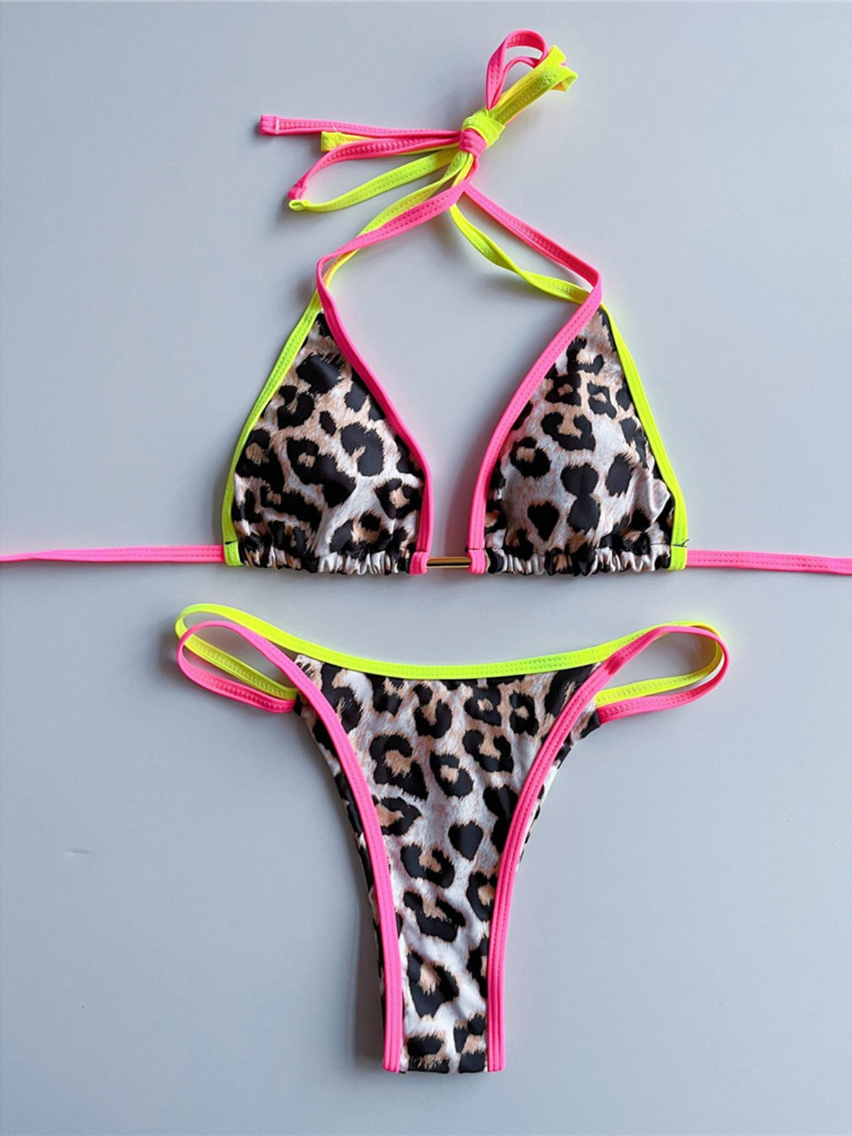 Neon Halter Leopard Printed Splicing Bikini Damen Badeanzug Damen Bademode Zweiteiliger Bikini Set Badeanzug Badedame Brasilianischer Tanga Frecher Mini Micro Badeanzug Cheetah Leopard