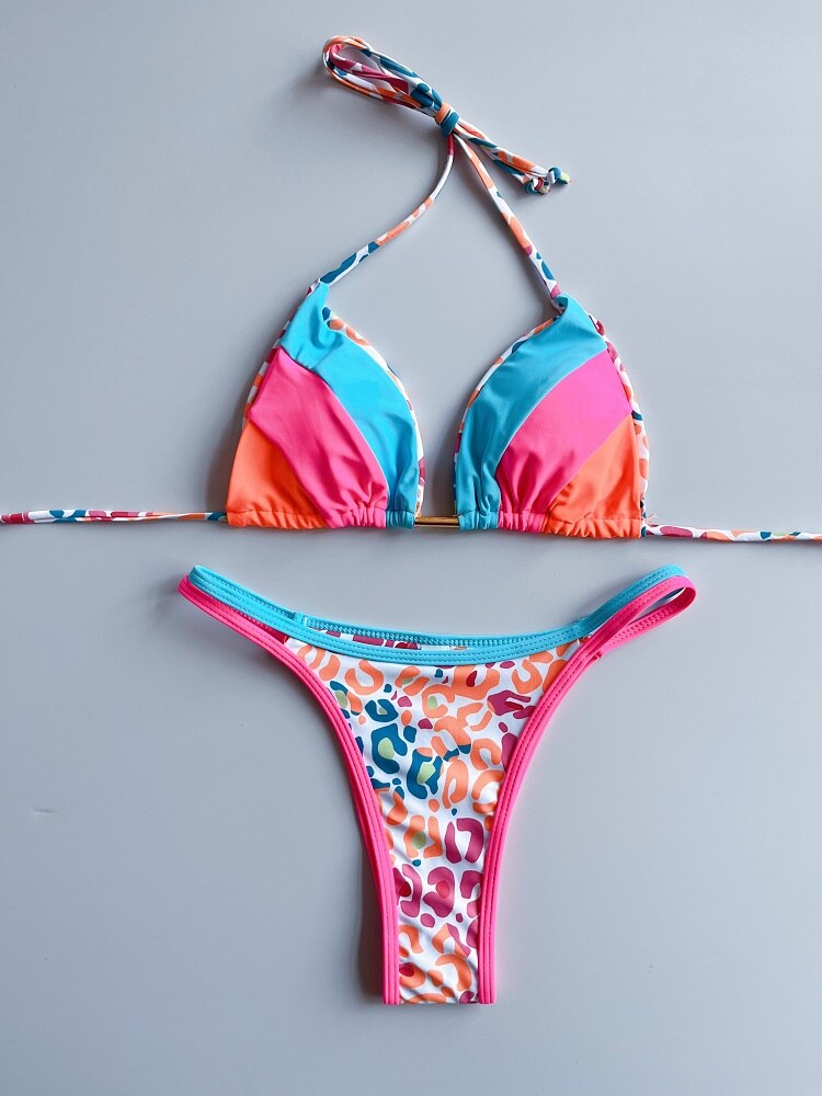 Neon Halter Leopard Printed Splicing Bikini Damen Badeanzug Damen Bademode Zweiteiliger Bikini Set Badeanzug Badedame Brasilianischer Tanga Frecher Mini Micro Badeanzug Cheetah Leopard