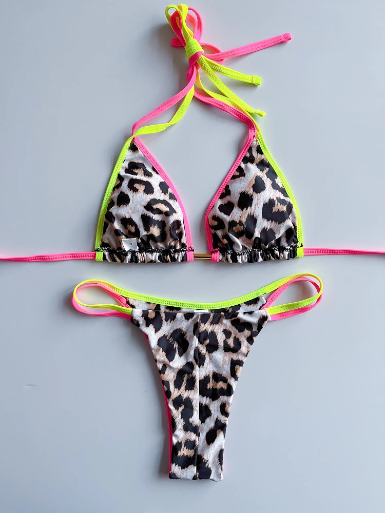 Neon Halter Leopard Printed Splicing Bikini Damen Badeanzug Damen Bademode Zweiteiliger Bikini Set Badeanzug Badedame Brasilianischer Tanga Frecher Mini Micro Badeanzug Cheetah Leopard