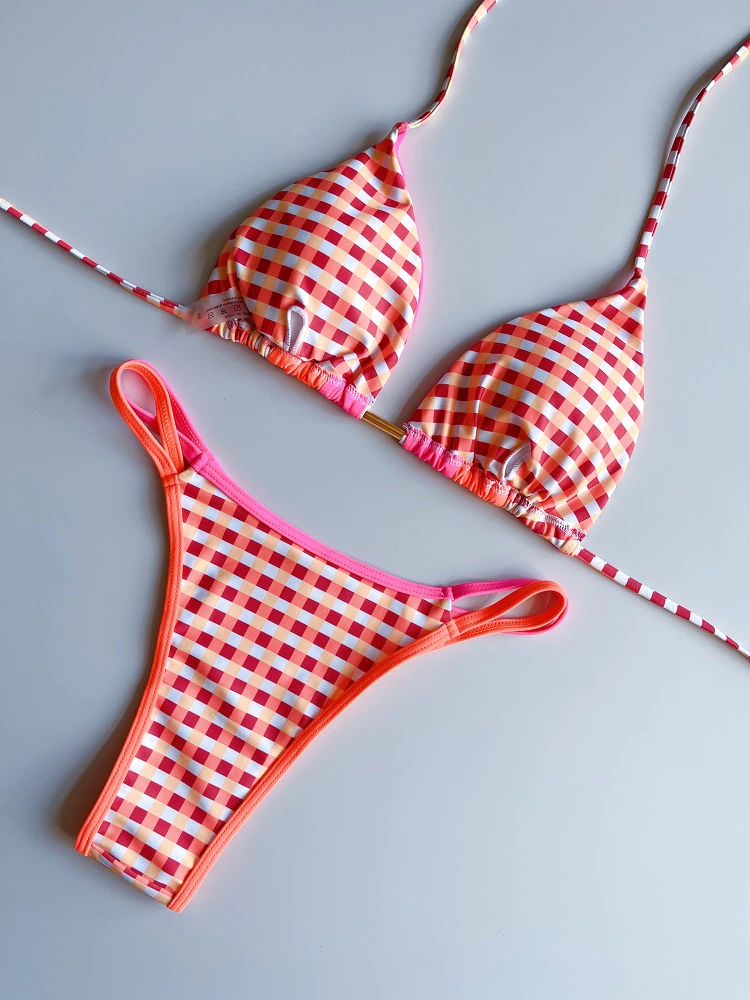 Plaid Orange Neon Halter Leopard Printed Splicing Bikini Weibliche Badeanzug Frauen Bademode Zweiteilige Bikini-Set Badeanzug Schwimmen Lady brasilianischen Tanga Cheeky Mini Micro Swimsuit Cheetah Leopard