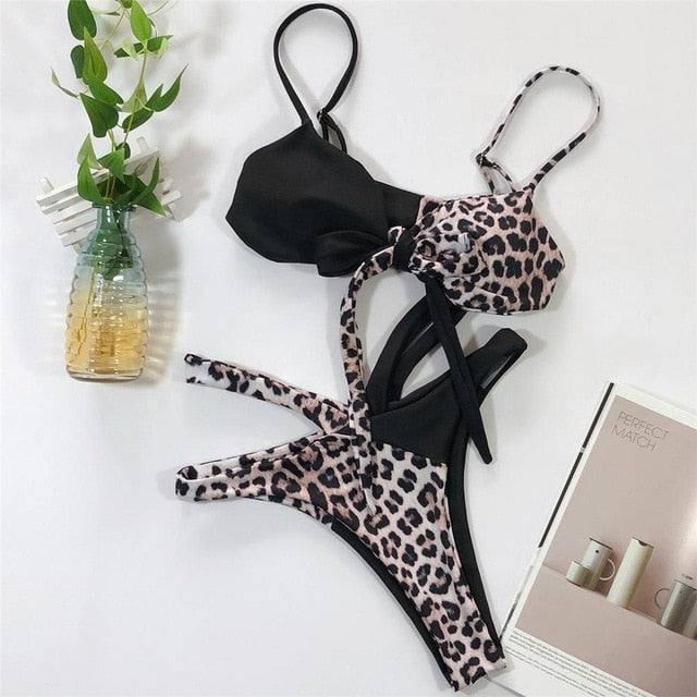 Bikini-Set mit mittlerer Taille und Leoparden-Tierprint