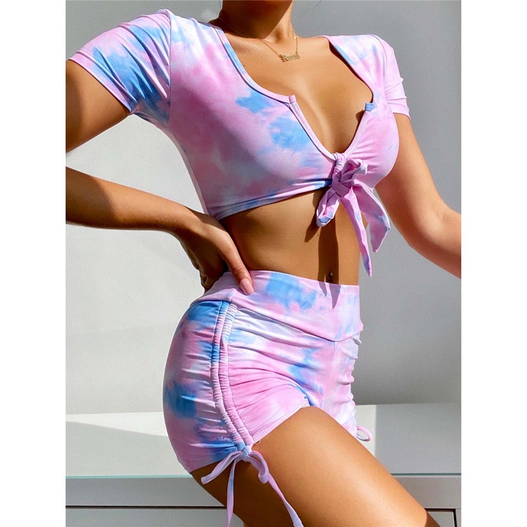 Tie-Dye Kurzarm V-Ausschnitt Bikini mit hoher Taille