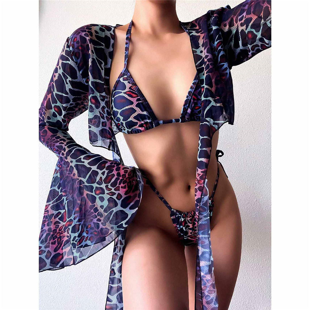 Bunter Tierdruck Bikini und Cover Blau Lila Tanga Bikini
