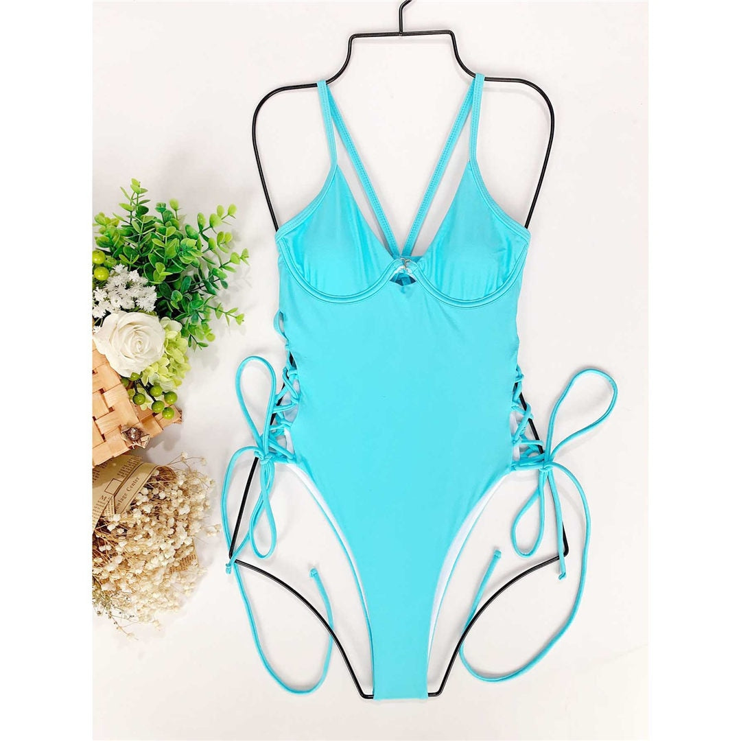 Blau Sexy 5 Farben Lace Up Bügel Ein Stück Badeanzug Frauen Bademode Weiblich Gepolstert Monokini Bather Badeanzug Swim Lady