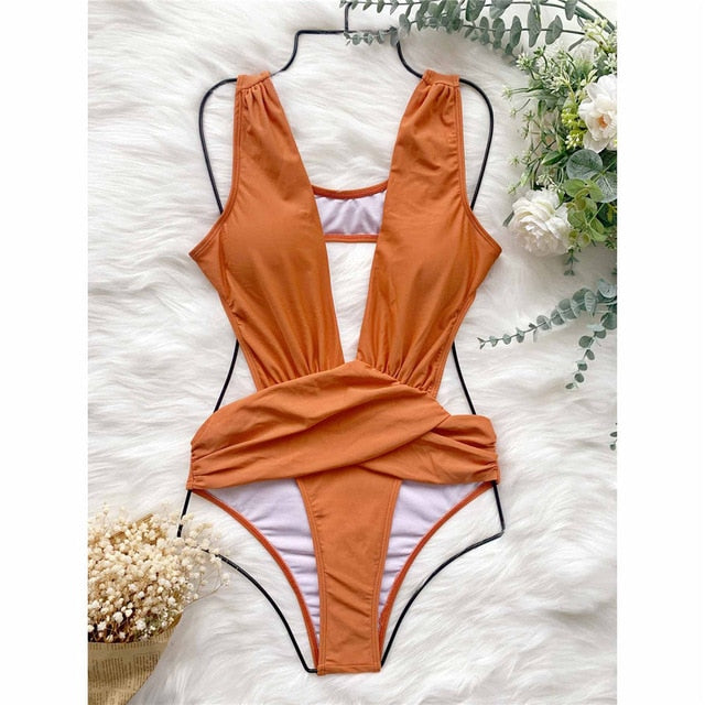 Orange Deep V Neck Women Swimwear One Piece Swimsuit Female Padded Monokini Bather Bathing Suit Swim Lady