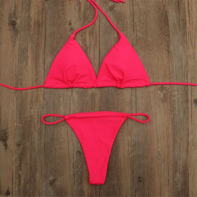 Rosa Neue Sexy Halter Tiny Thong Bikini Frauen Bademode Weibliche Badeanzug Zweiteilige Bikini Set Gepolsterte Mini Bader Badeanzug Brasilianische Micro