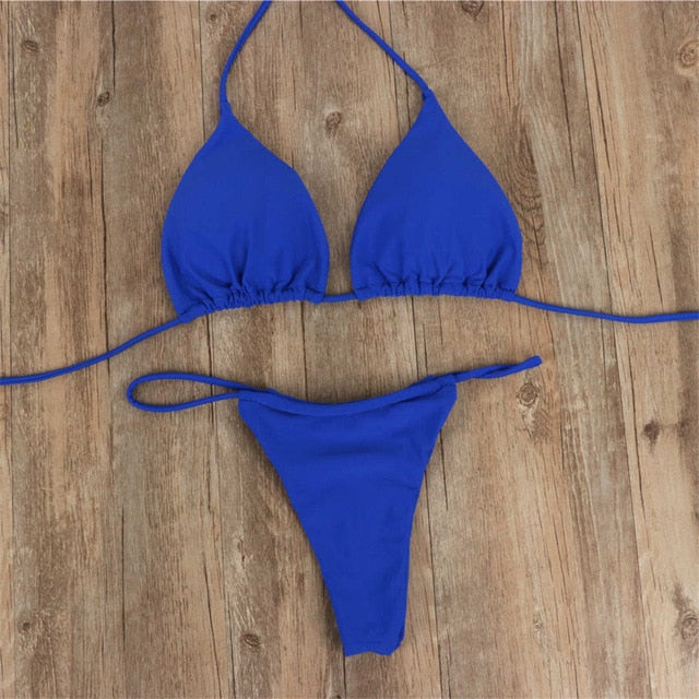 Blau Neue Sexy Halter Tiny Thong Bikini Frauen Badebekleidung Weibliche Badeanzug Zweiteilige Bikini Set Gepolstert Mini Bader Badeanzug Brasilianische Micro