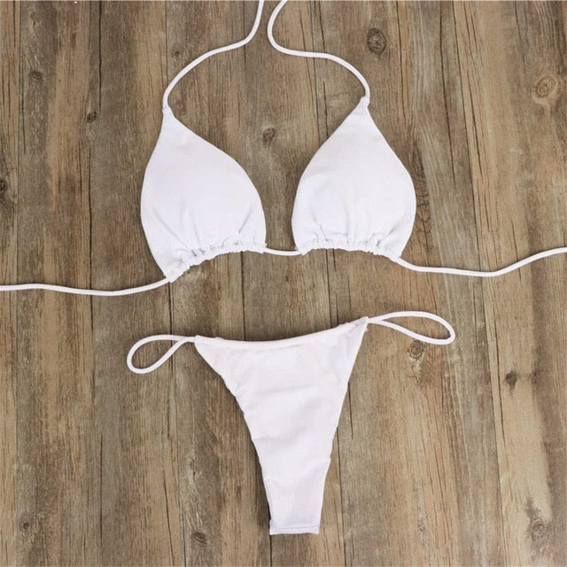 White Bridal New Sexy Halter Tiny Thong Bikini Women Swimwear Weibliche Badeanzug Zweiteilige Bikini-Set gepolstert Mini Bather Badeanzug Brazilian Micro
