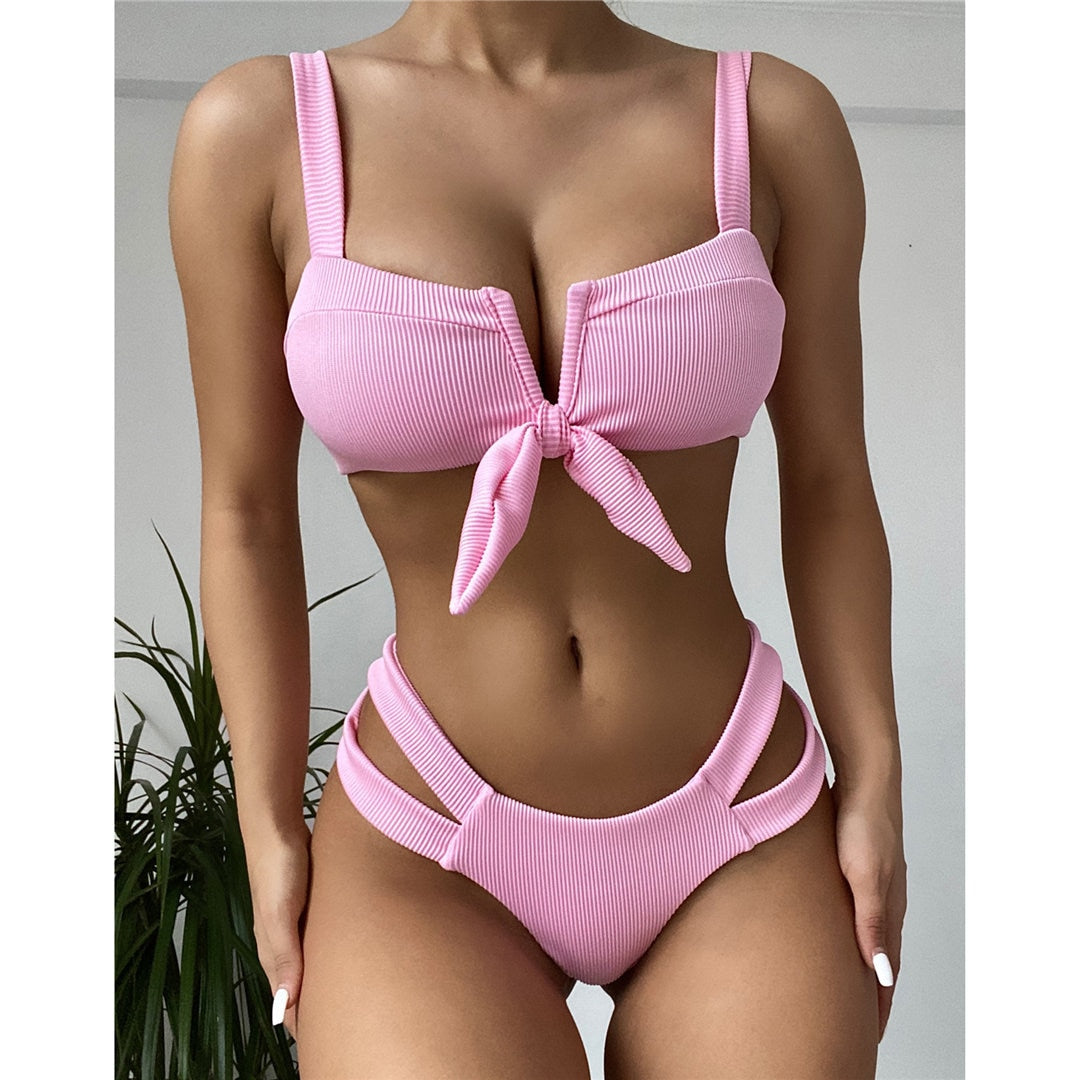 Pink Sexy V Shaped Ribbed Knotted Bikini Women Swimwear Weiblicher Badeanzug Zweiteiliger Bikini Set Badeanzug Schwimmen